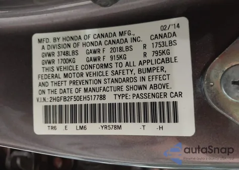 2014 Honda Civic Lx from USA, damaged, VIN 2HGFB2F50EH517788